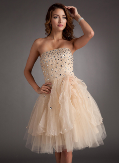 A-Line/Princess Strapless Knee-Length Organza Satin Tulle Homecoming Dress With Beading Flower(s) (022016378)