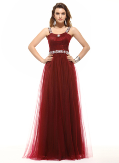 A-Line/Princess Scoop Neck Floor-Length Tulle Evening Dress With Ruffle Beading (017016052)
