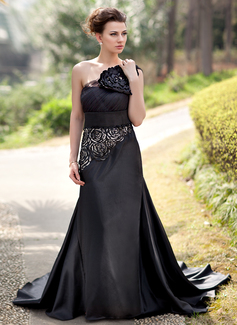 Mermaid One-Shoulder Court Train Tulle Charmeuse Evening Dress With Flower(s) Sequins (017022937)