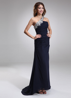 Sheath Court Train Chiffon Evening Dress With Lace Beading (017016875)