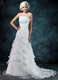 A-Line/Princess Scalloped Neck Court Train Organza Wedding Dress With Ruffle Beadwork (002012849)