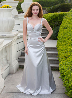 A-Line/Princess Sweetheart Court Train Charmeuse Prom Dress With Beading (018024667)