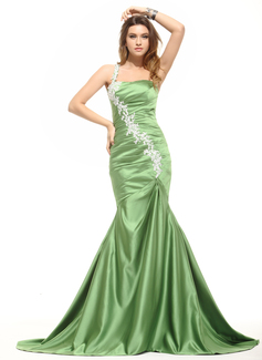 Mermaid One-Shoulder Court Train Satin Evening Dress With Ruffle Lace (017016050)