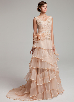 A-Line/Princess V-neck Sweep Train Organza Wedding Dress With Ruffle Lace Beadwork Flower(s) (002017527)