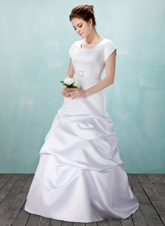 A-Line/Princess Square Neckline Floor-Length Satin Wedding Dress With Ruffle Crystal Brooch (002001633)
