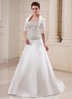 A-Line/Princess Sweetheart Court Train Satin Wedding Dress With Embroidery Beadwork Sequins (002012599)