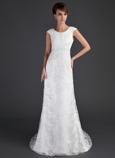 Sheath/Column Scoop Neck Sweep Train Satin Tulle Wedding Dress With Ruffle Lace Beadwork (002001630)