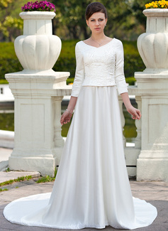 A-Line/Princess Scoop Neck Court Train Satin Wedding Dress With Embroidery Beadwork (002012641)
