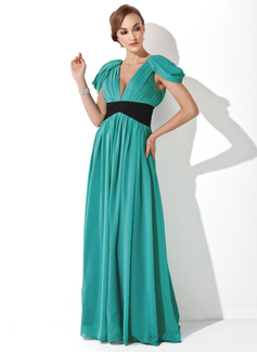 A-Line/Princess V-neck Floor-Length Chiffon Evening Dress With Ruffle Sash (017020683)