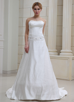 A-Line/Princess Sweetheart Court Train Satin Wedding Dress With Lace Beadwork (002001652)