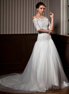 A-Line/Princess Strapless Court Train Satin Tulle Wedding Dress With Ruffle Lace Beadwork (002012172)