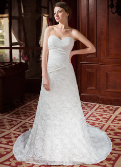 A-Line/Princess Sweetheart Chapel Train Chiffon Lace Wedding Dress With Ruffle Flower(s) (002024458)