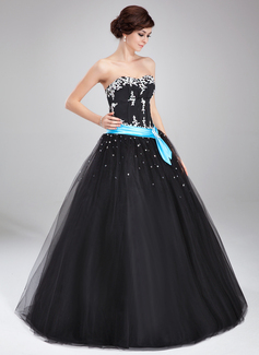 Ball-Gown Sweetheart Floor-Length Satin Tulle Quinceanera Dress With Lace Sash Beading (021004714)