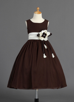 A-Line/Princess Scoop Neck Tea-Length Chiffon Charmeuse Flower Girl Dress With Sash Flower(s) (010014593)