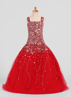A-Line/Princess Square Neckline Floor-Length Satin Tulle Flower Girl Dress With Beading Sequins (010007306)