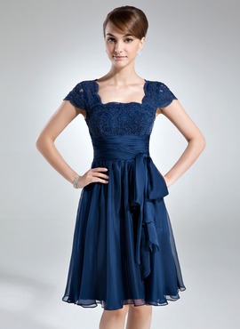 A-Line/Princess Square Neckline Knee-Length Chiffon Lace Mother of the Bride Dress With Ruffle (008006166)