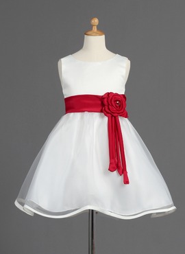 A-Line/Princess Scoop Neck Knee-Length Organza Satin Flower Girl Dress With Sash Beading Flower(s) (010014595)