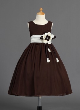 A-Line/Princess Scoop Neck Tea-Length Chiffon Charmeuse Flower Girl Dress With Sash Flower(s) (010014593)