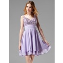 Elegant A-Line/Princess V-neck Short/Mini Chiffon Charmeuse Homecoming Dresses With Ruffle Beading (022004341)
