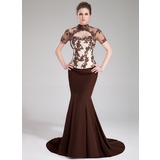 Mermaid High Neck Court Train Satin Tulle Charmeuse Evening Dress With Lace Beading Sequins (017019454)