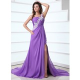 A-Line/Princess One-Shoulder Court Train Chiffon Holiday Dress With Ruffle Lace (020017317)