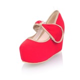 Cloth Wedge Heel Closed Toe Platform Pumps With Bowknot (085026058)