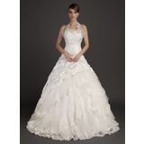 Ball-Gown Halter Chapel Train Taffeta Organza Wedding Dress With Lace Beadwork (002015494)