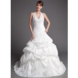 Ball-Gown Halter Chapel Train Taffeta Wedding Dress With Ruffle Lace Beadwork (002001447)