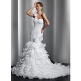 Mermaid One-Shoulder Court Train Organza Wedding Dress With Ruffle Flower(s) (002014797)