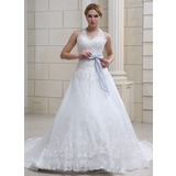 Ball-Gown Halter Cathedral Train Organza Satin Wedding Dress With Lace Sashes Crystal Brooch (002011690)