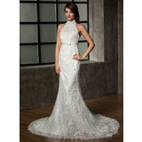 Mermaid Sheath/Column Halter Chapel Train Satin Tulle Wedding Dress With Lace (002011461)