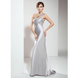 Empire One-Shoulder Sweep Train Charmeuse Evening Dress With Ruffle Beading (017020659)