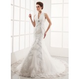 Mermaid Halter Chapel Train Satin Tulle Wedding Dress With Lace Beadwork (002001251)