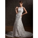 Mermaid Scoop Neck Chapel Train Satin Lace Wedding Dress With Lace Beadwork (002004770)