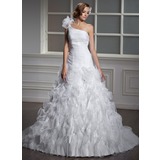 Ball-Gown One-Shoulder Court Train Organza Wedding Dress With Ruffle Flower(s) (002012798)