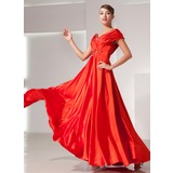 A-Line/Princess Off-the-Shoulder Floor-Length Charmeuse Holiday Dress With Ruffle Beading (020025938)