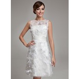 Sheath/Column Scoop Neck Knee-Length Organza Satin Wedding Dress With Feather (002011489)