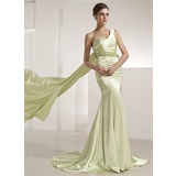 Mermaid One-Shoulder Watteau Train Charmeuse Evening Dress With Ruffle Beading (017014221)