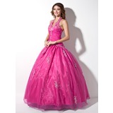 Ball-Gown Halter Floor-Length Organza Quinceanera Dress With Ruffle Lace Beading (021003137)