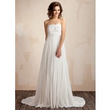 Empire Strapless Sweep Train Chiffon Wedding Dress With Ruffle Lace Beadwork (002011587)