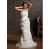 Sheath/Column Scalloped Neck Court Train Organza Satin Wedding Dress With Ruffle Lace Sashes Beadwork (002014914)