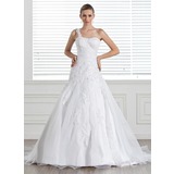 A-Line/Princess One-Shoulder Court Train Organza Satin Wedding Dress With Lace (002005321)