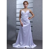 Empire V-neck Watteau Train Charmeuse Wedding Dress With Ruffle Lace Beadwork (002001177)