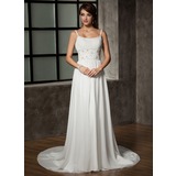 A-Line/Princess Scoop Neck Chapel Train Chiffon Wedding Dress With Ruffle Beadwork Sequins (002011441)