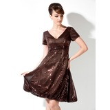 Empire V-neck Knee-Length Sequined Cocktail Dress With Ruffle (016008371)