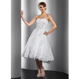A-Line/Princess Sweetheart Tea-Length Taffeta Organza Wedding Dress With Ruffle Lace Beadwork Sequins (002014769)