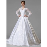 Ball-Gown V-neck Cathedral Train Satin Wedding Dress With Ruffle Lace (002004745)