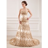 A-Line/Princess Sweetheart Court Train Satin Lace Wedding Dress With Beadwork Sequins (002011432)