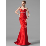 Mermaid V-neck Court Train Charmeuse Evening Dress With Ruffle Beading (017002534)