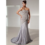 Mermaid Sweetheart Sweep Train Chiffon Lace Evening Dress With Ruffle (017014446)